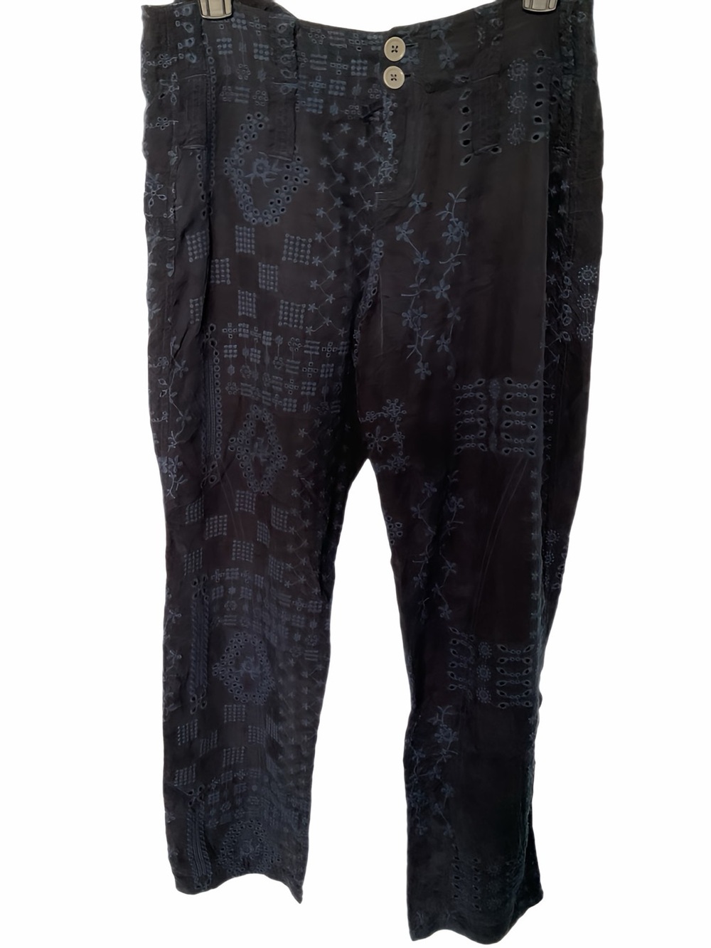 JOHNNY WAS Embroidered Patchwork Navy Pants Trousers Cupro Rayon Sz 0 Oversized